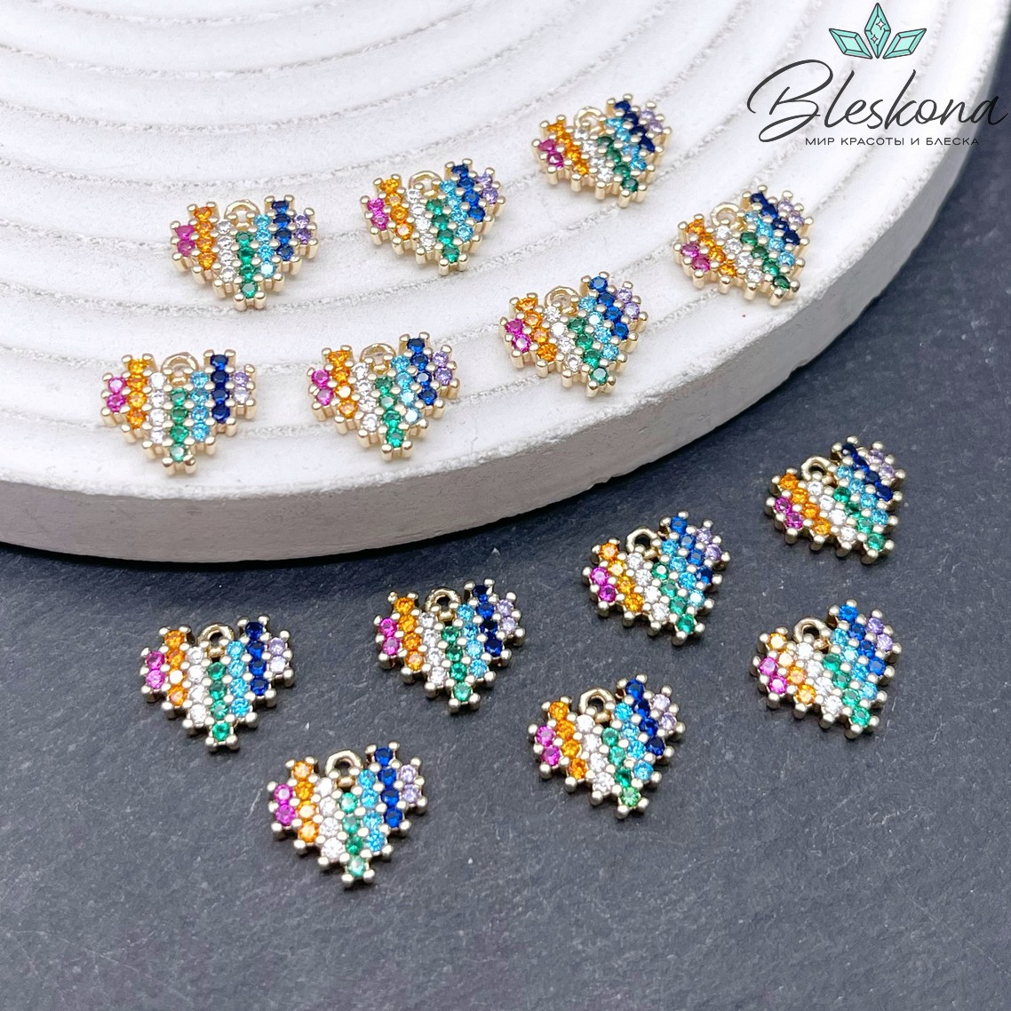 9*10,5мм, цвет золото, Подвеска сердце микс цирконы 