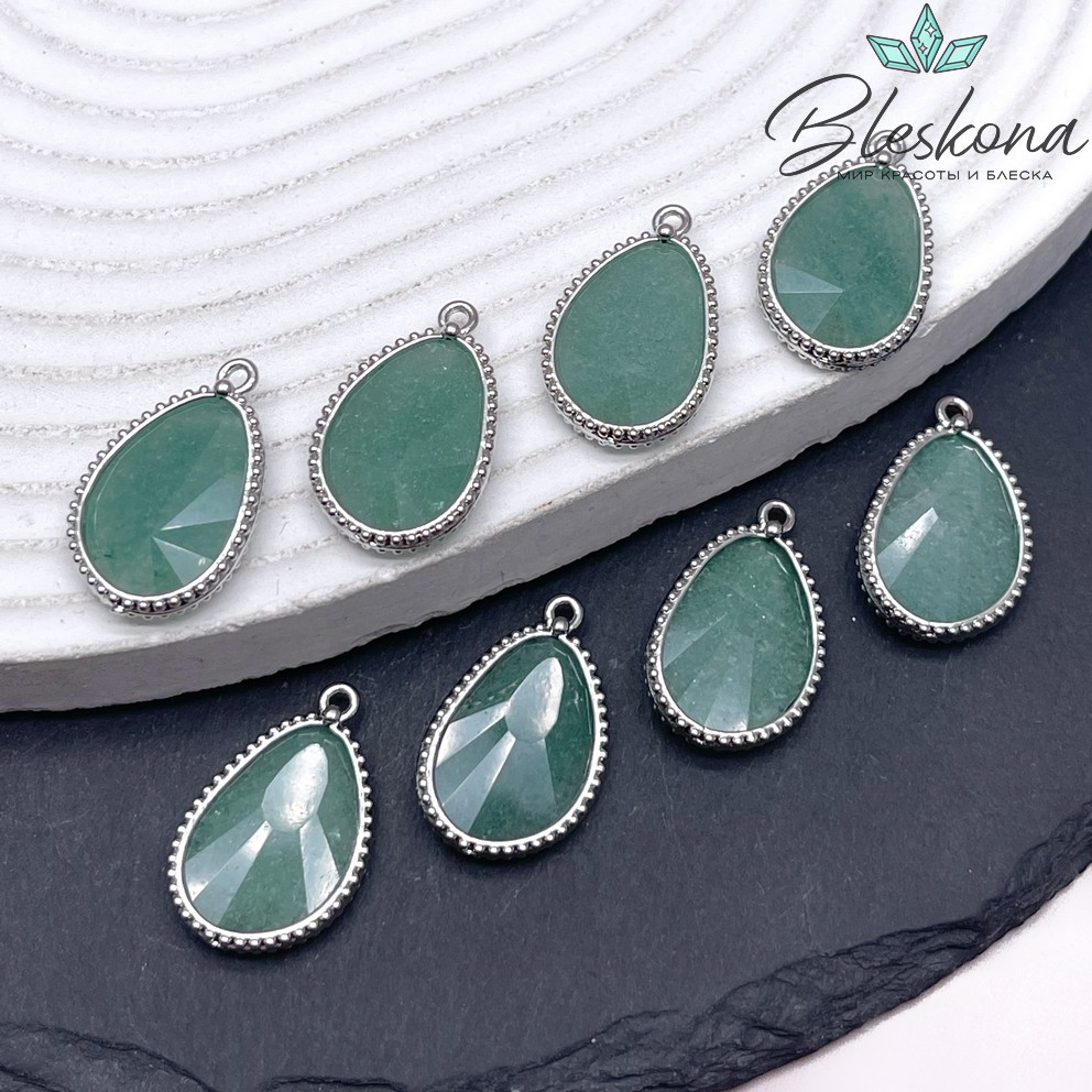 14,4*23мм, цвет серебро ,Подвеска капля Тонированный кварц зеленый