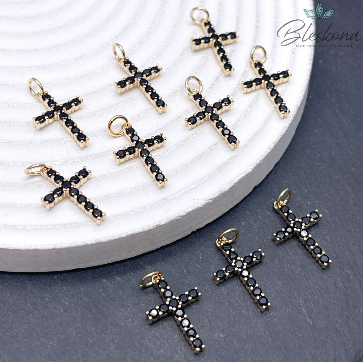 18,5*12,5 мм Цвет золото, Подвеска Крест черные цирконы 
