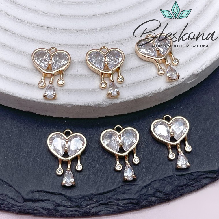 18*12 мм Цвет золото, Подвеска сердце капли с цирконами