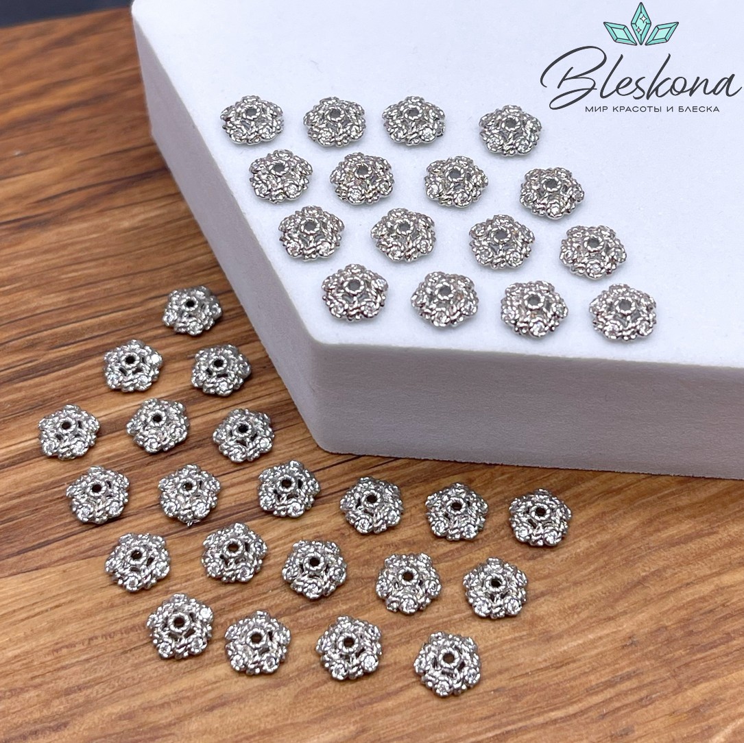 6мм, цвет серебро, Шапочка узор цирконы