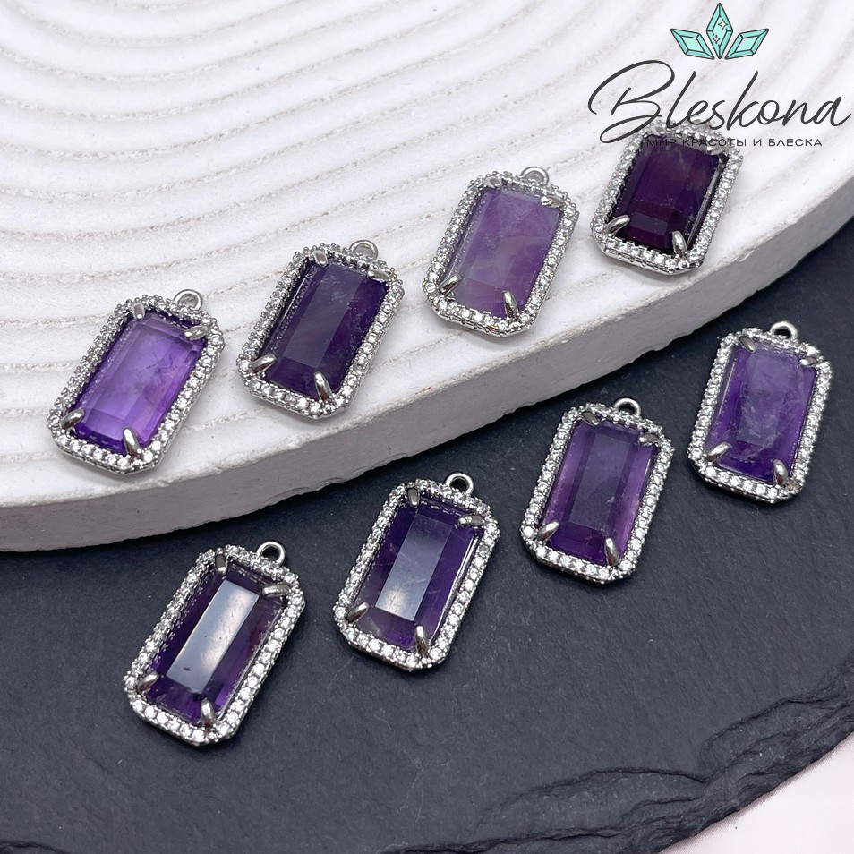 12*21мм, цвет серебро ,Подвеска Прямоугольник Аметист в обрамлении цирконы