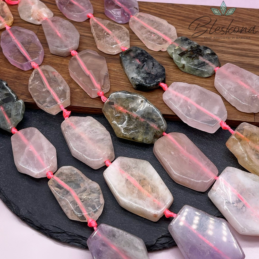 Микс плоский фриформ розовый кварц, аметист, цитрин, пренит (30-42)*(21-29) мм