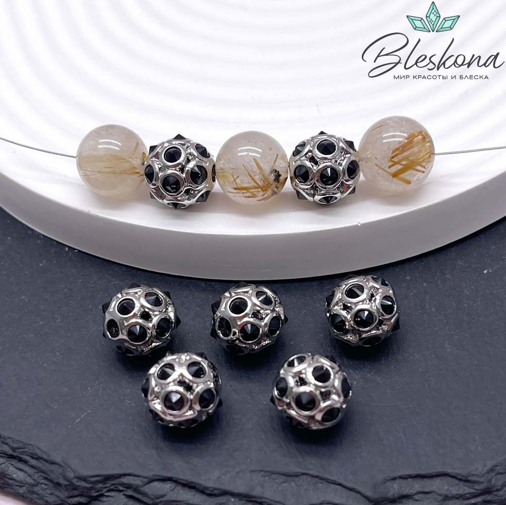 10,5 мм Цвет серебро, Бусина шар черные цирконы