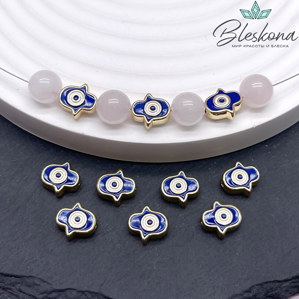 9,5*9 мм Цвет золото, Бусина рука Фатимы синяя эмаль