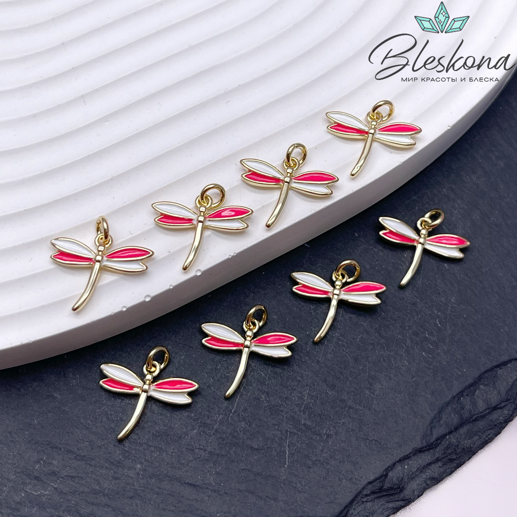 17*19 мм Цвет золото, Подвеска Стрекоза бело- красная эмаль