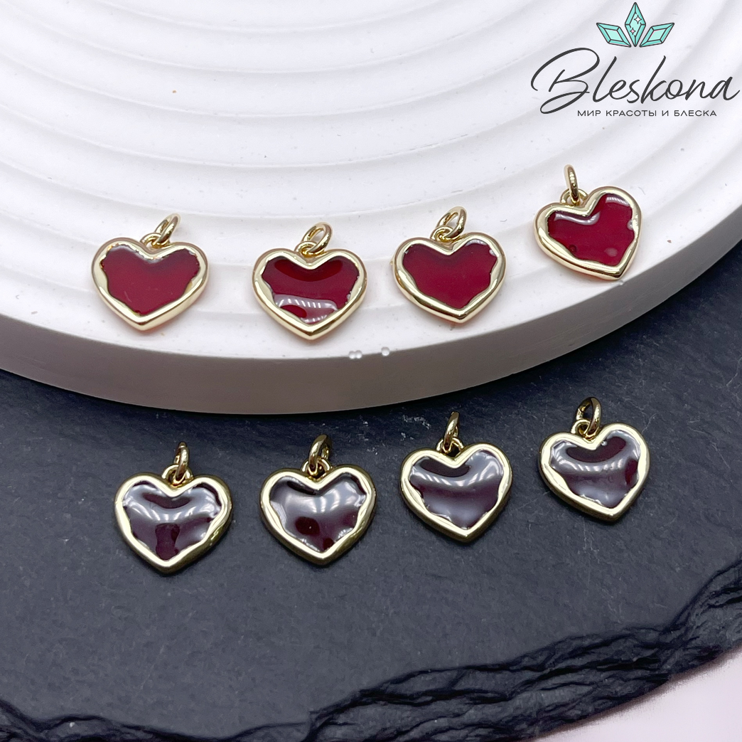 10 мм Цвет золото, Подвеска Сердце бордовая эпоксидная смола