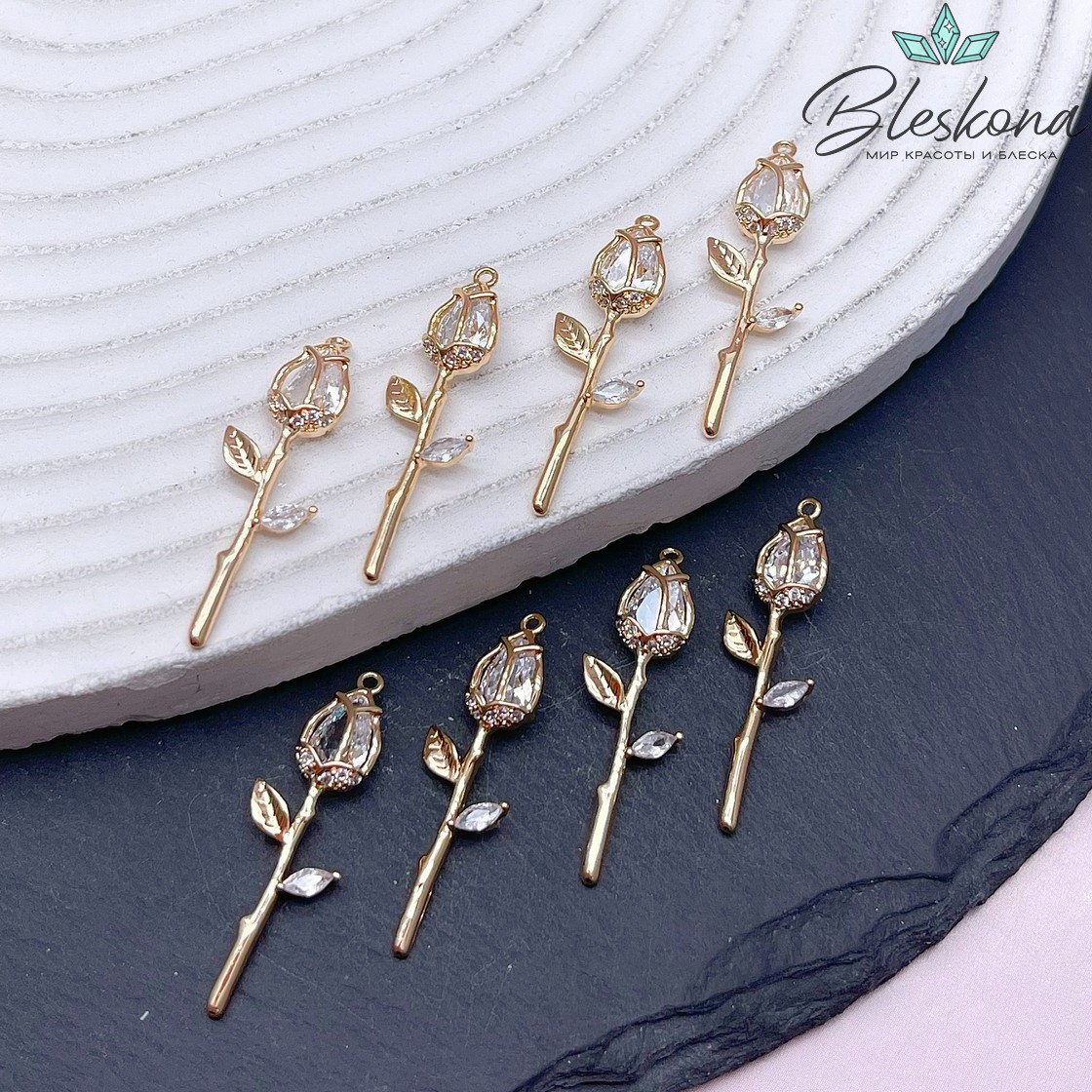 26,6*7 мм Цвет золото, Подвеска Роза белый циркон 