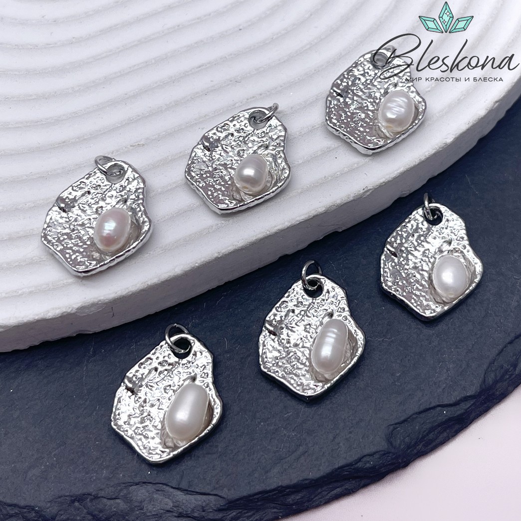 20,5*16 мм Цвет серебро, Подвеска ракушка с натуральным жемчугом