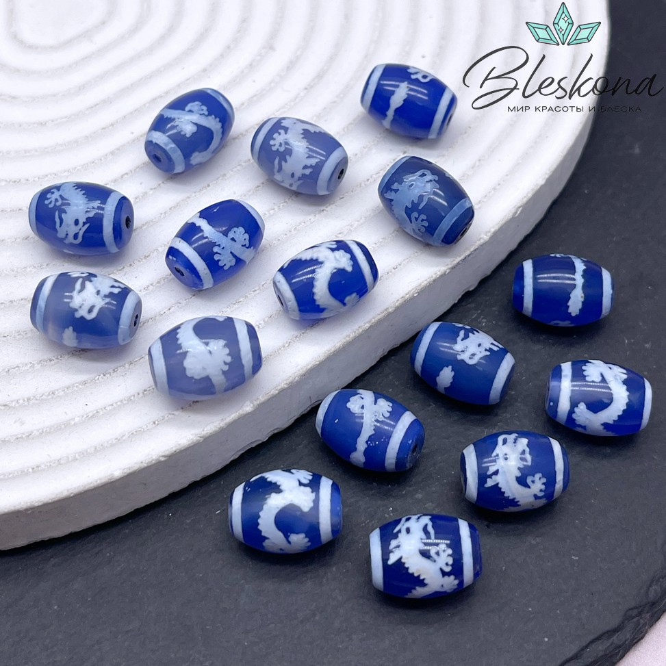 Бусина Дзи Дракон бело-синий бочонок 10*14 мм