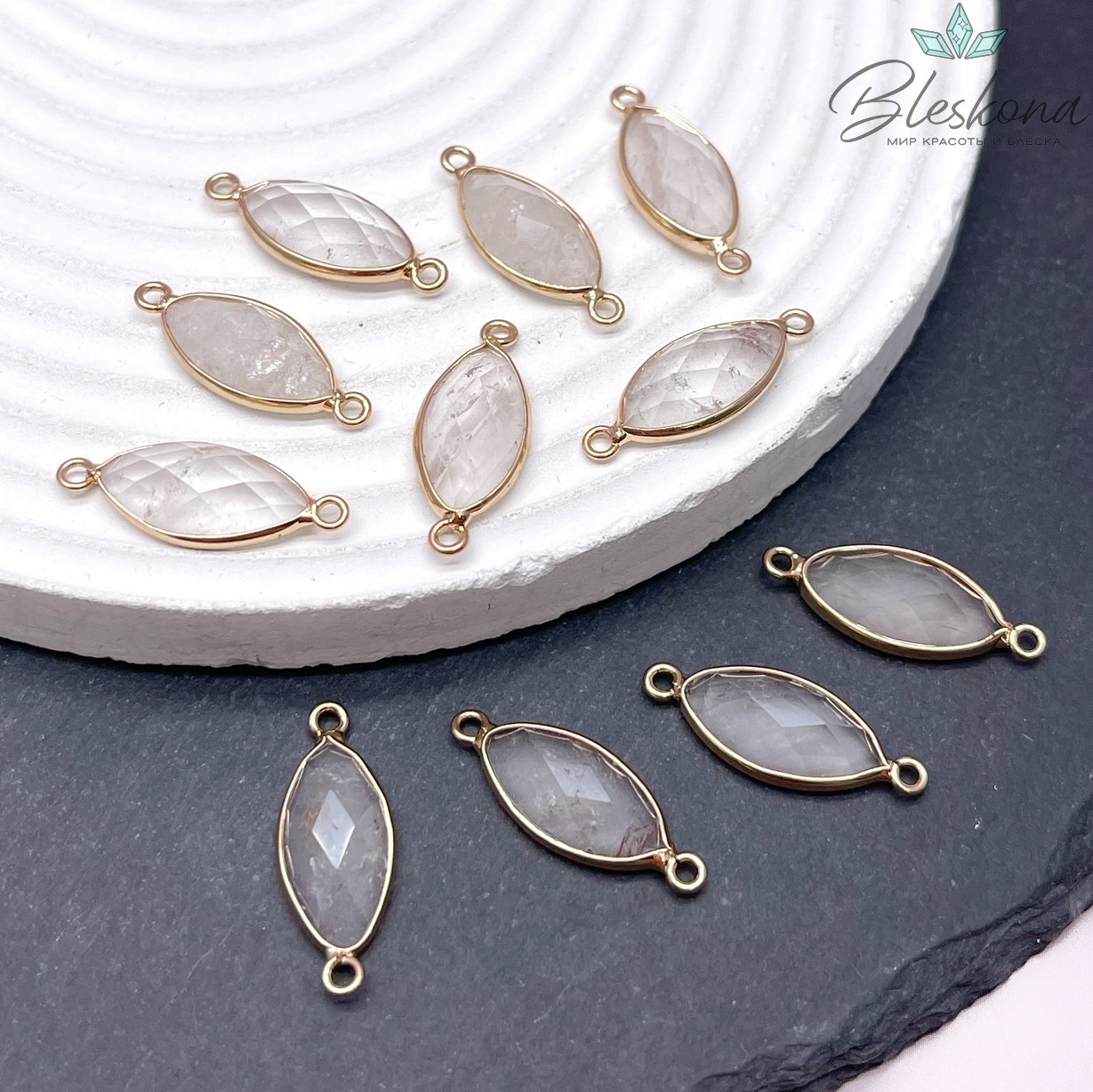 23*9 мм Коннектор лодочка Горный хрусталь огранка цвет золото