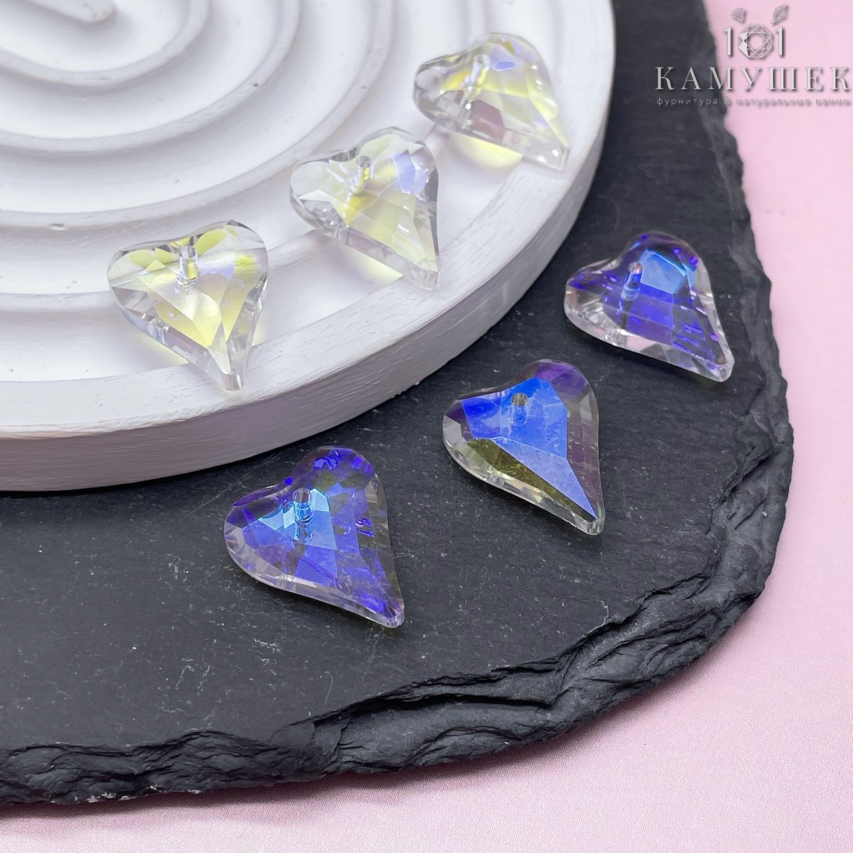 17,5*14,5 мм, Подвеска сердце стекло белое с переливом (ABB) уп. 2 шт