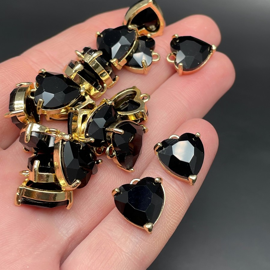 12 мм, Цвет золото, Подвеска сердце стекло черное цапы