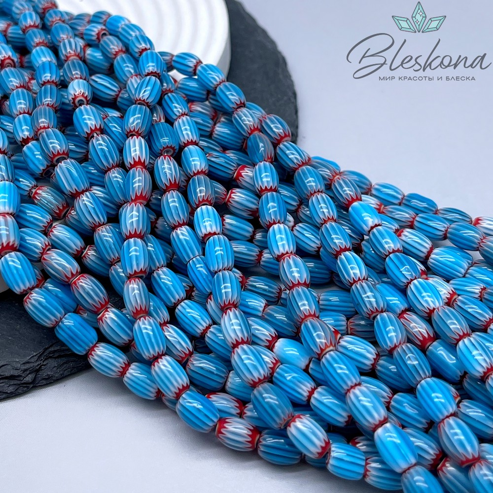 Муранское стекло бочата красно- голубые, полосы 9*6 мм