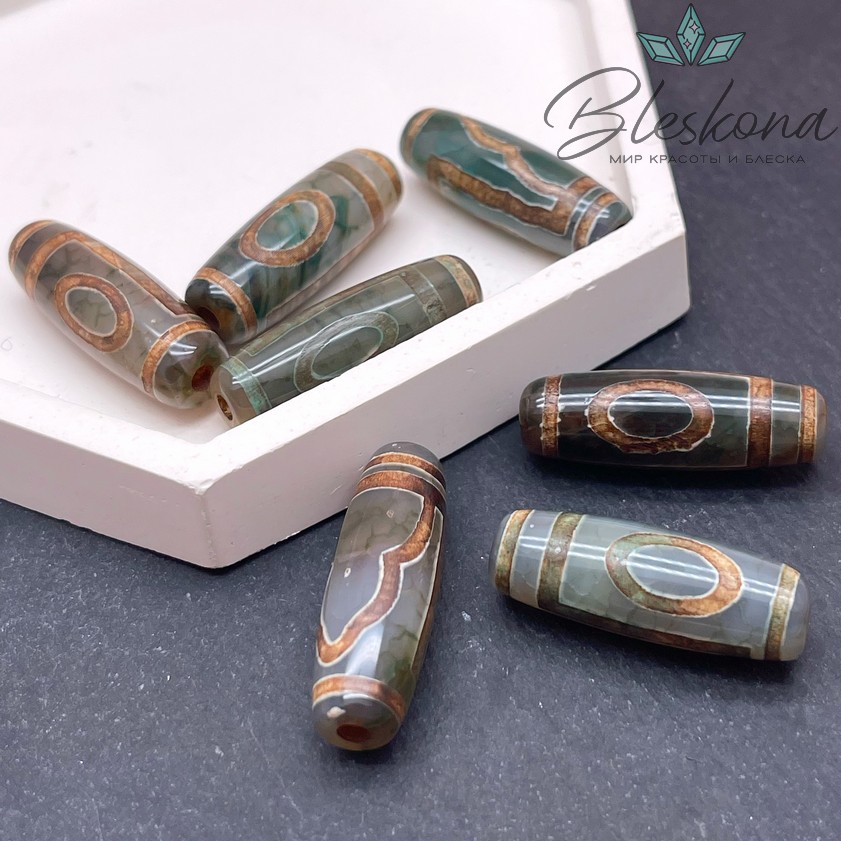 Бусина Дзи 1 глаз и гора зелено-коричневый бочонок 30*11 мм