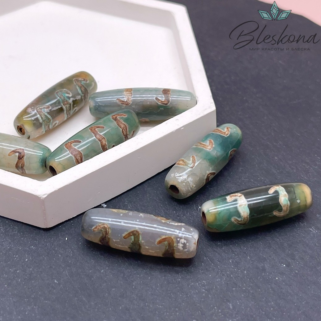 Бусина Дзи 5 летучих мышей зелено-коричневый бочонок 30*11 мм