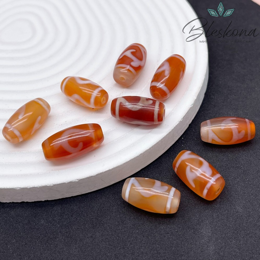 Бусина Дзи Зеленая тара бело-коричневый бочонок №1 20*11 мм