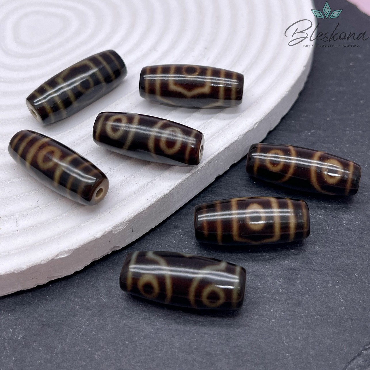 Бусина Дзи 3 глаза черно-коричневый бочонок 28*12 мм №2