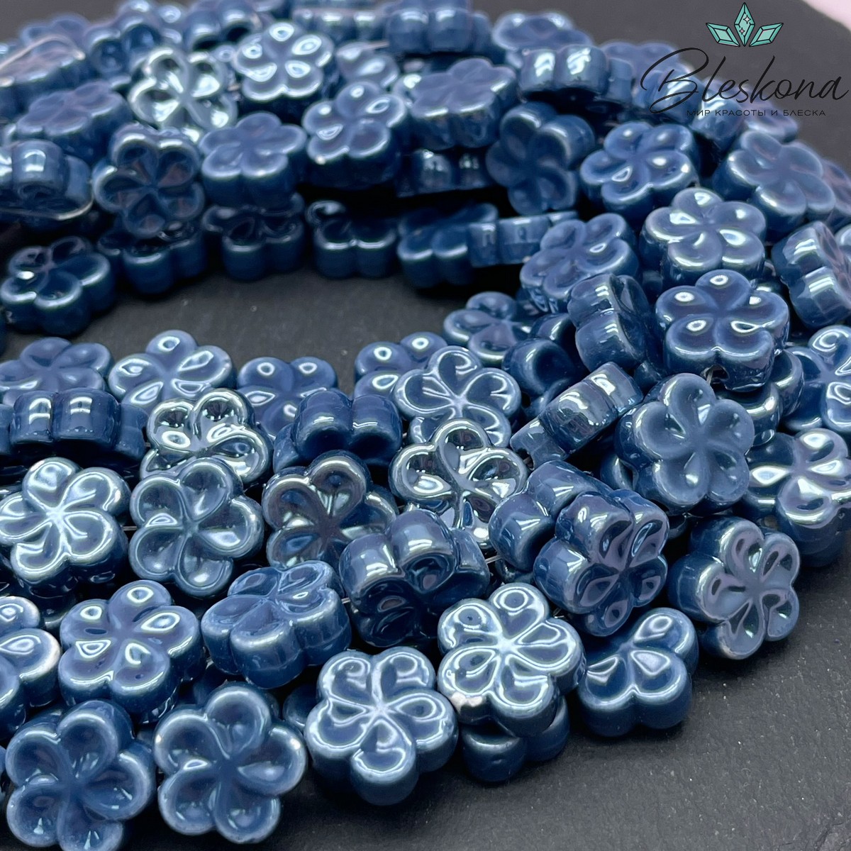 15 мм Бусина Цветок, Керамика цвет темно-синий №1