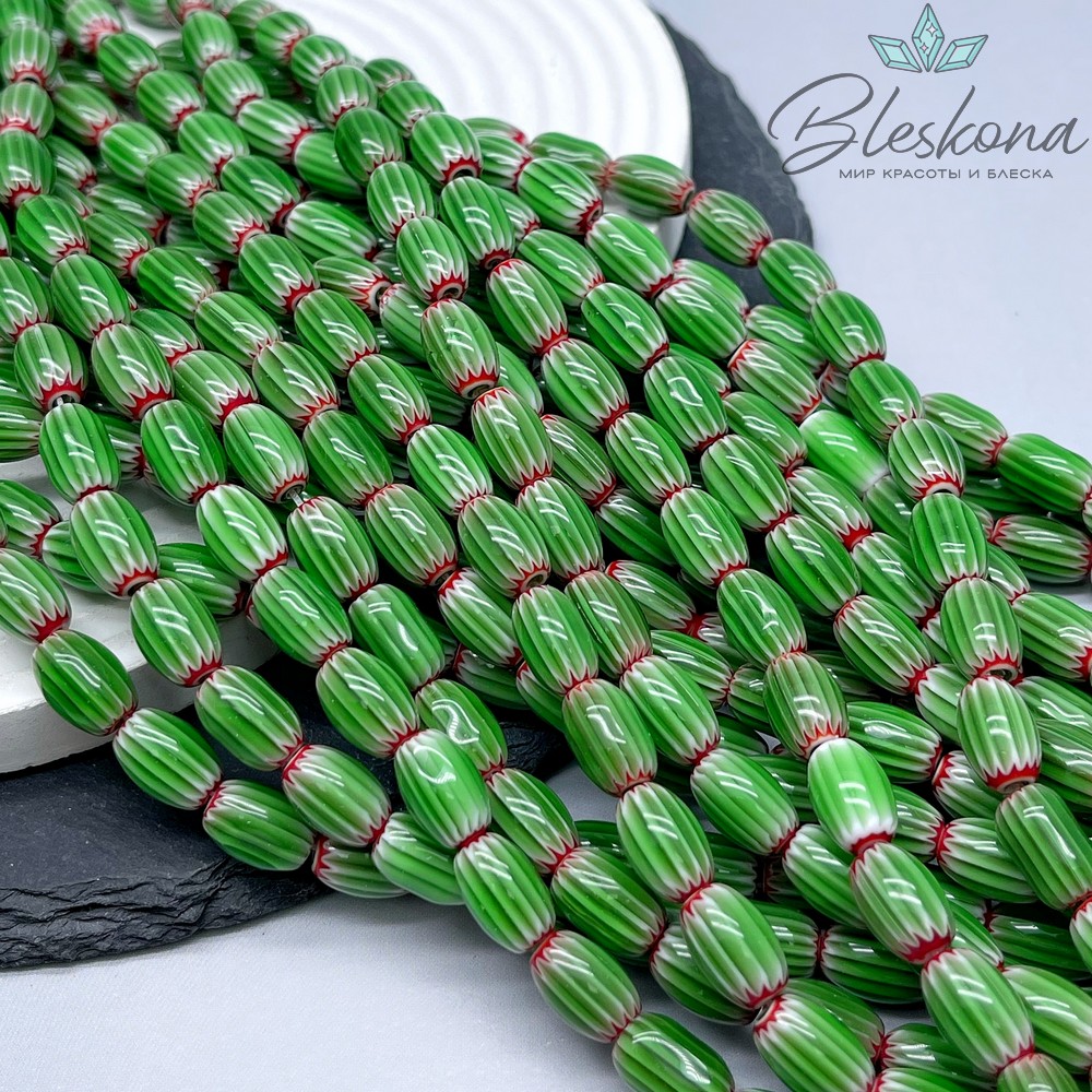 Муранское стекло бочата красно- зеленые, полосы 12*8 мм