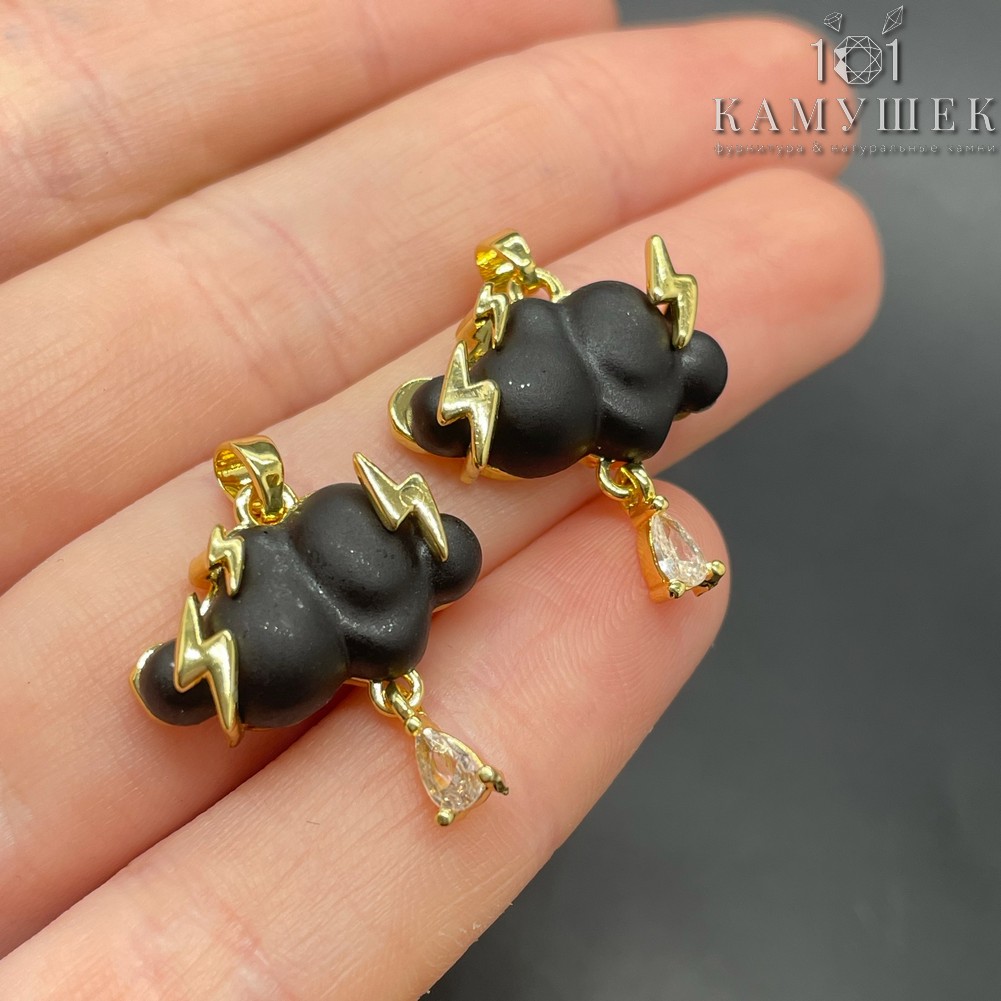 19,5*13мм, Цвет золото, Подвеска Облако матовое черное стекло