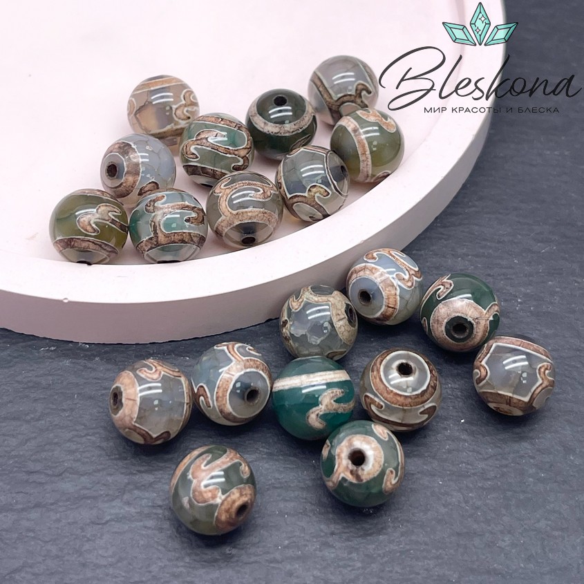 Бусина Дзи Зеленая тара зелено-коричневый шар 10 мм уп.10 шт