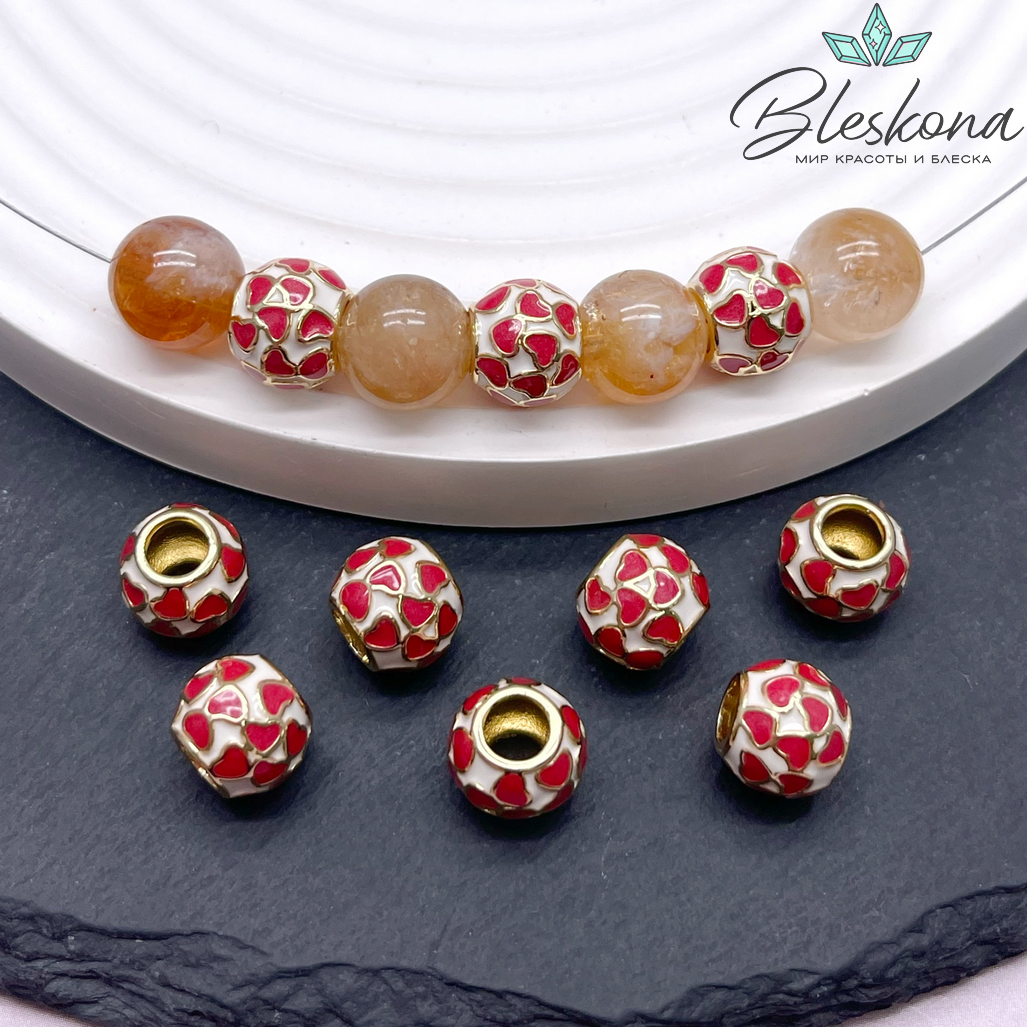 8*10 мм Цвет золото, Бусина бочонок сердечки эмаль