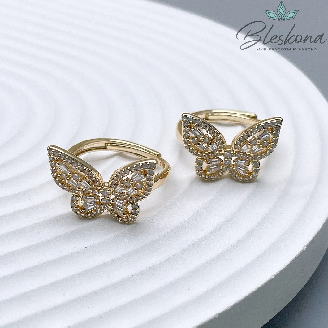 20 мм Цвет золото, Кольцо безразмерное Бабочка мини цирконы Люкс