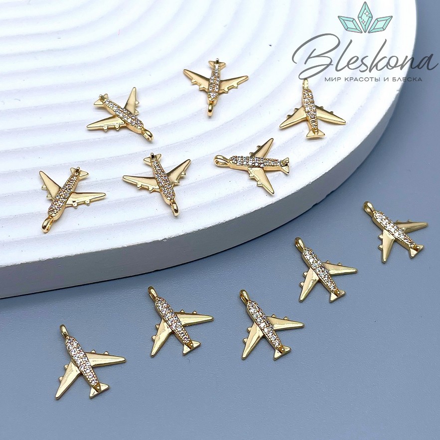 14*13 мм Цвет золото, Подвеска Самолет с цирконами 