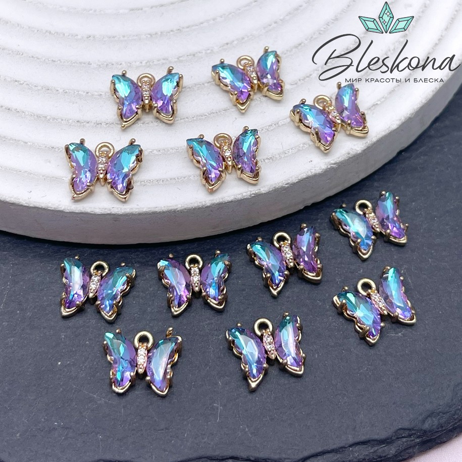 9,5*11 мм, Цвет золото, Подвеска бабочка стекло с переливом №2