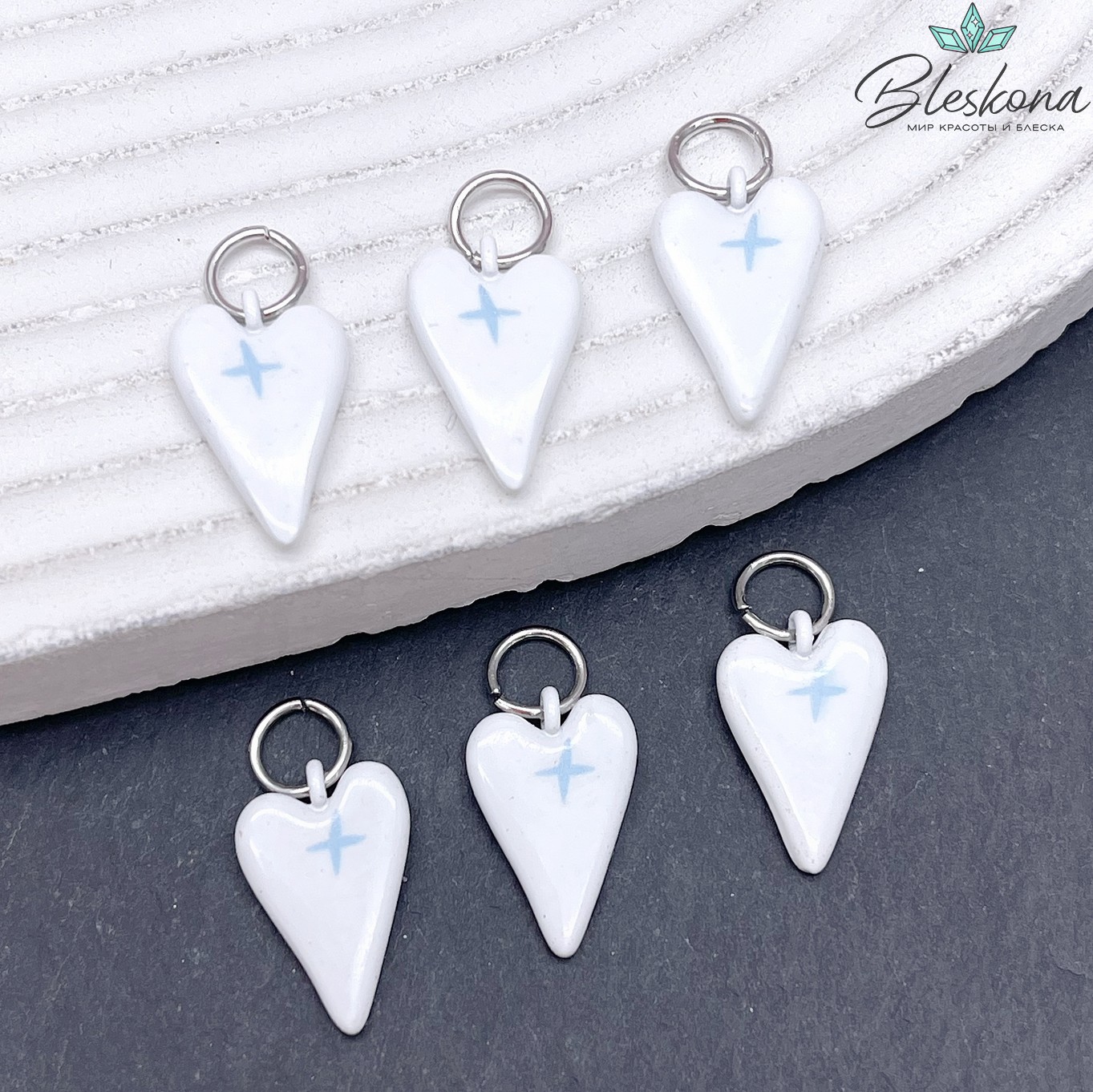 15,5*10 мм, Цвет серебро, Подвеска сердце белое звезда эмаль