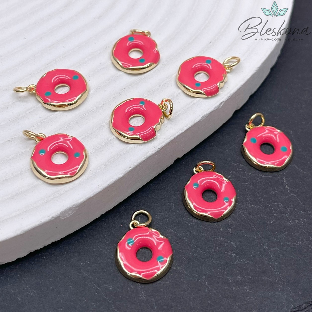 12,8 мм Цвет золото, Подвеска пончик розовая эмаль