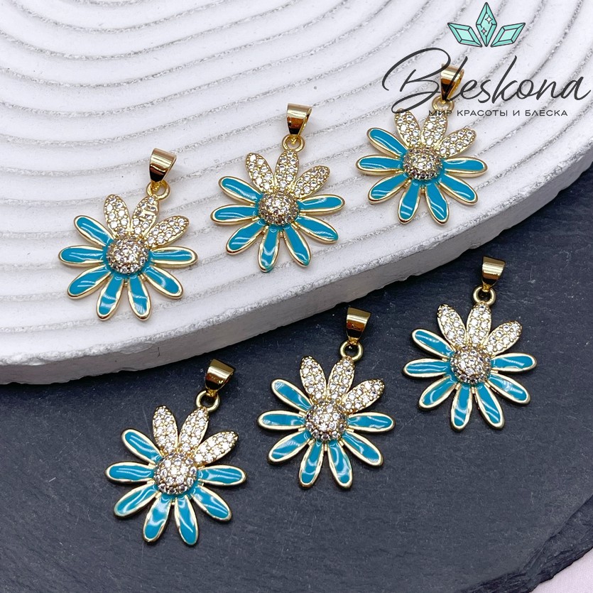 23,5*19 мм Цвет золото, Подвеска ромашка с цирконами, бирюзовая эмаль