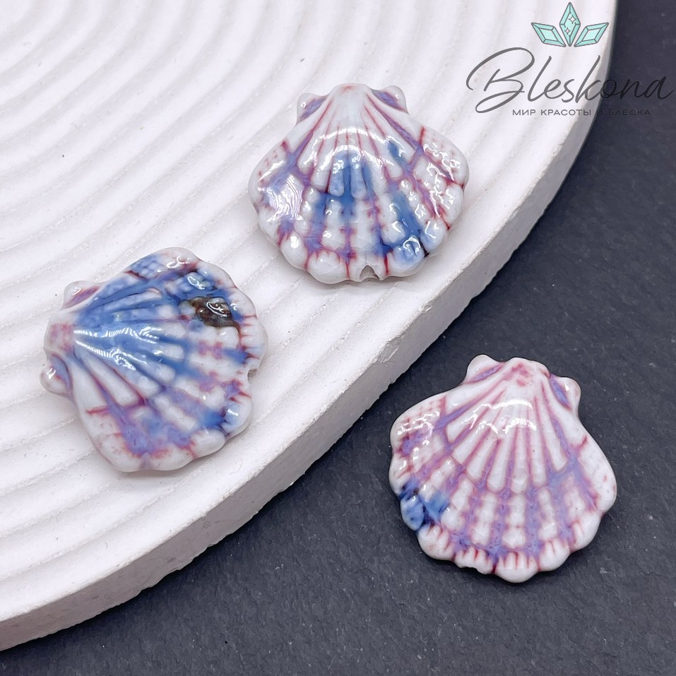 27*25 мм Керамика Бусина ракушка бело- фиолетовая