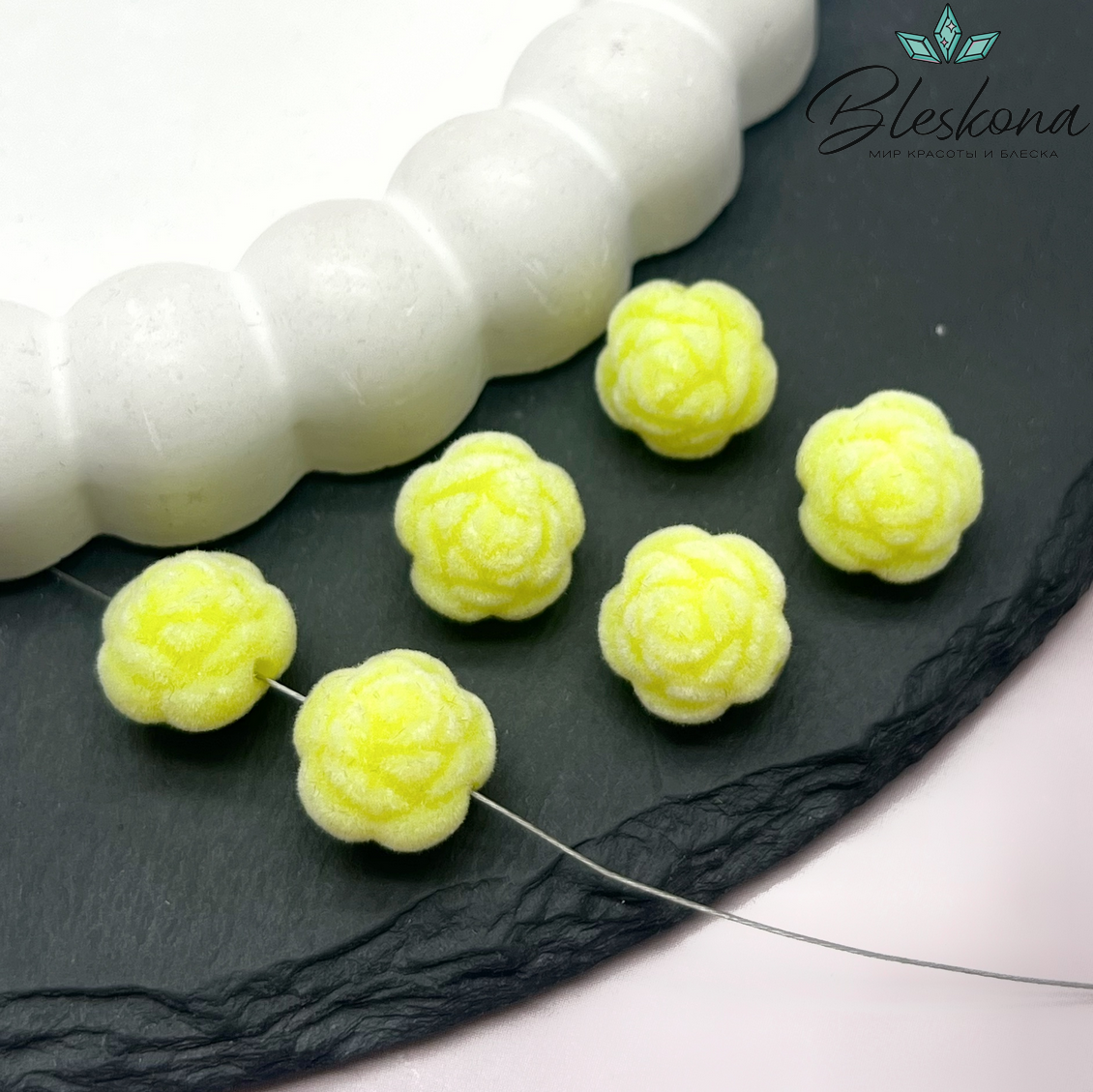 12мм Бархатная бусина Цветок - Роза, Цвет желтый