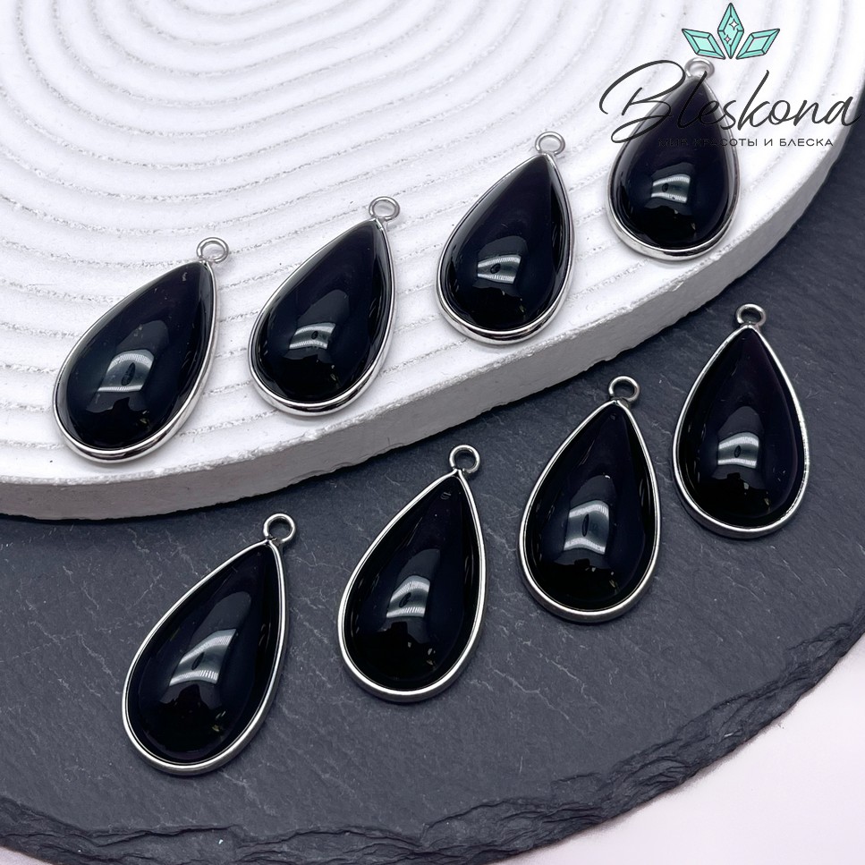 33*17 мм Цвет серебро, Подвеска капля Агат черный