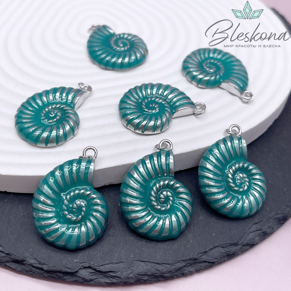 23*30,8мм Цвет серебро, Подвеска ракушка улитка бирюзовая 