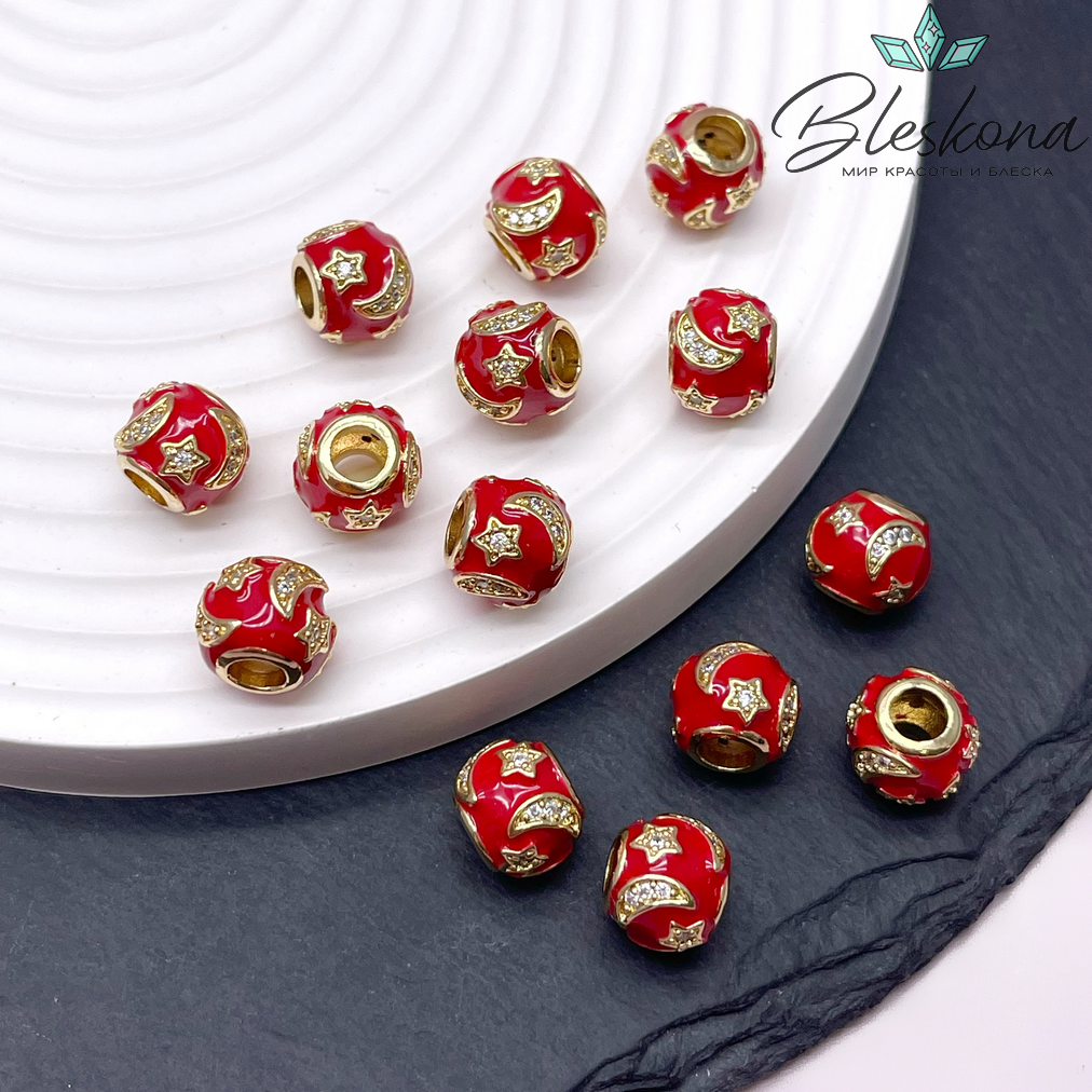 9*10 мм Цвет золото, Бусина бочонок звезды и луна цирконы красная эмаль