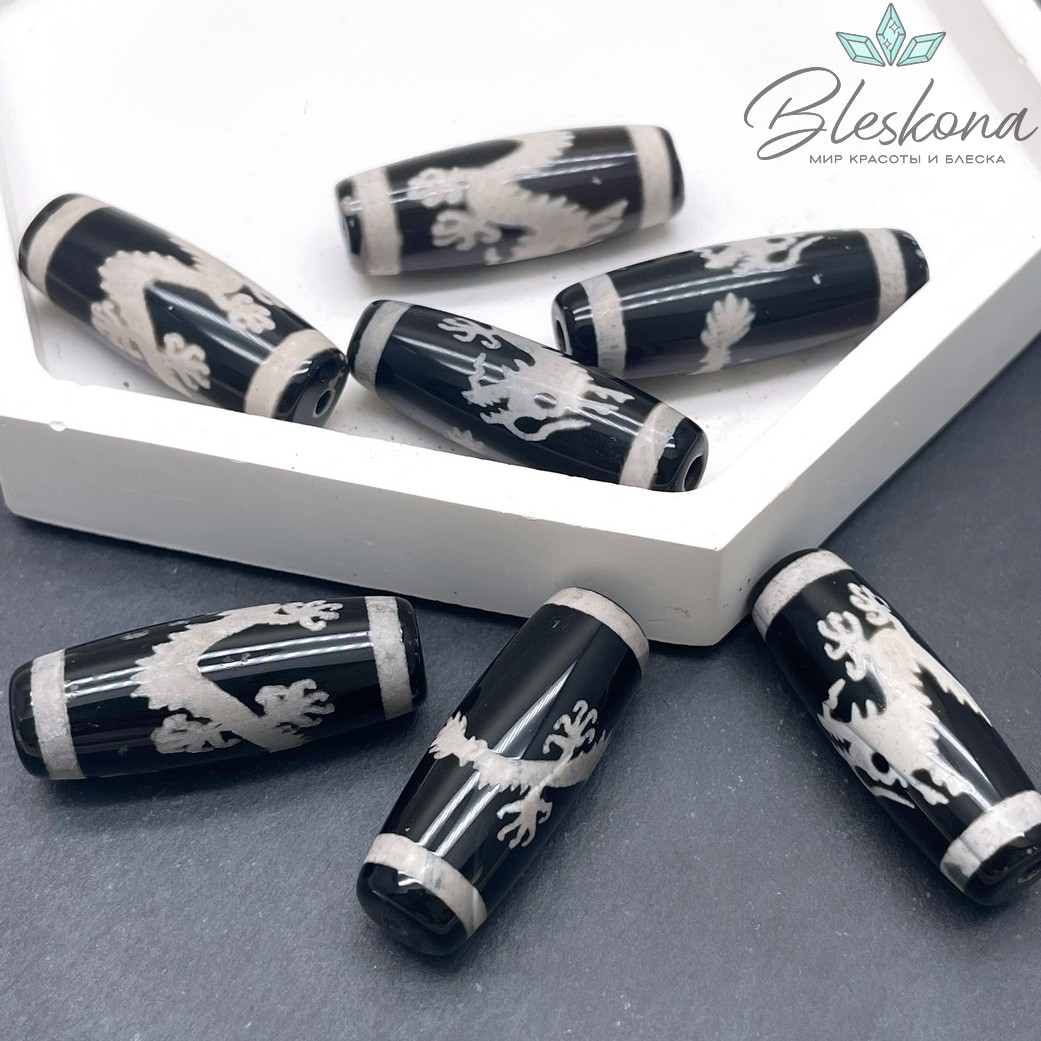 Бусина Дзи Дракон черно-белый бочонок 30*11 мм