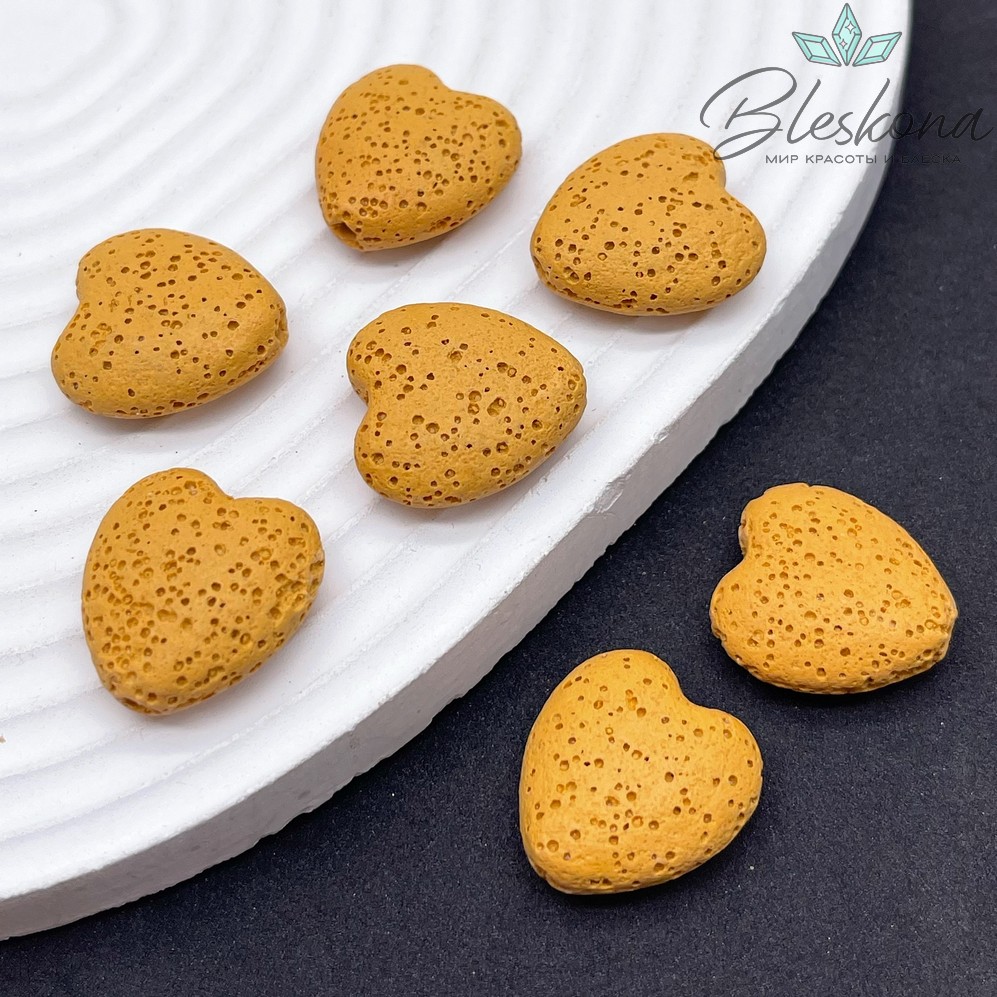 Бусина сердце Лава Вулканическая горчичное 20*19 мм