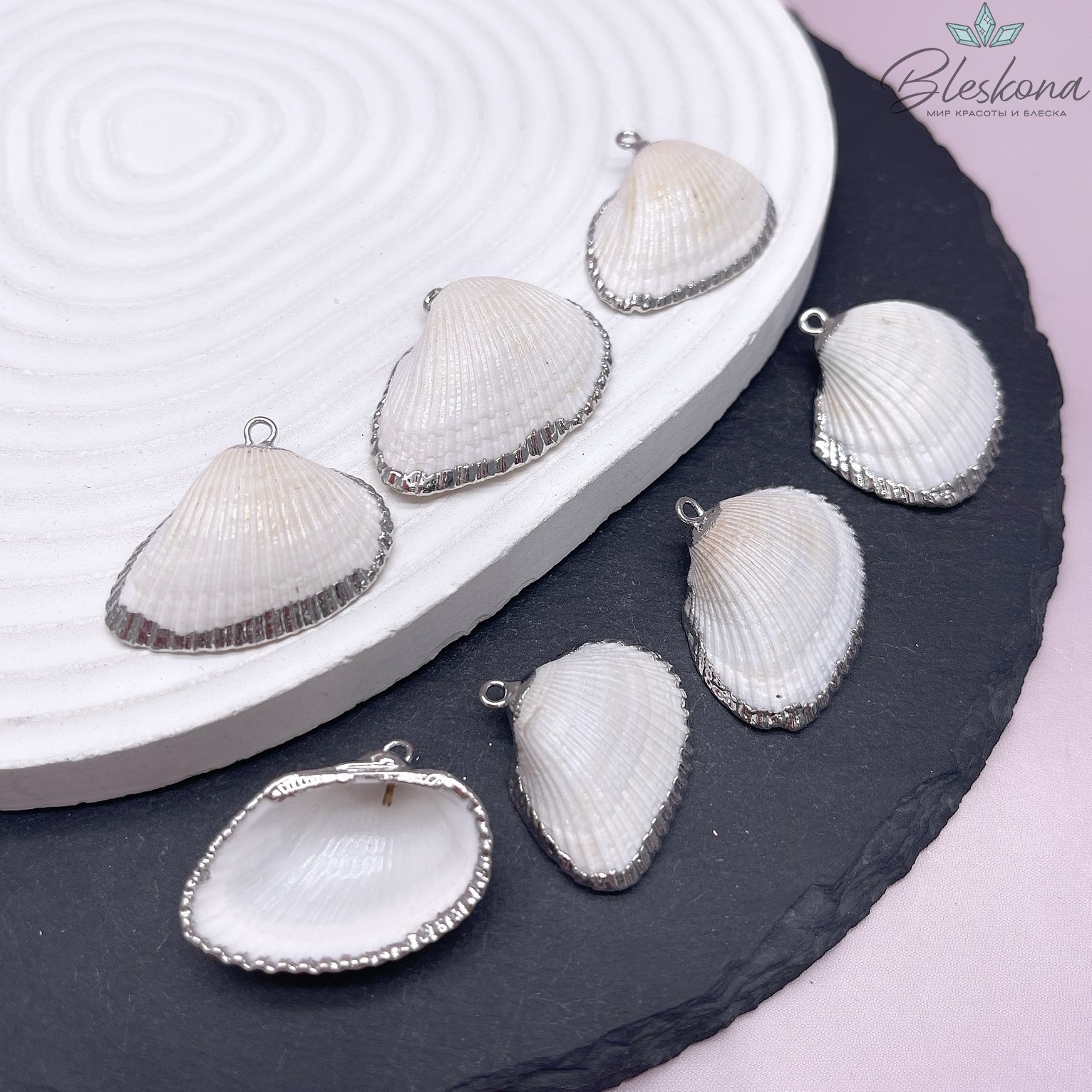 (22-25)*(29-34) мм, Цвет серебро, Подвеска Ракушка белая