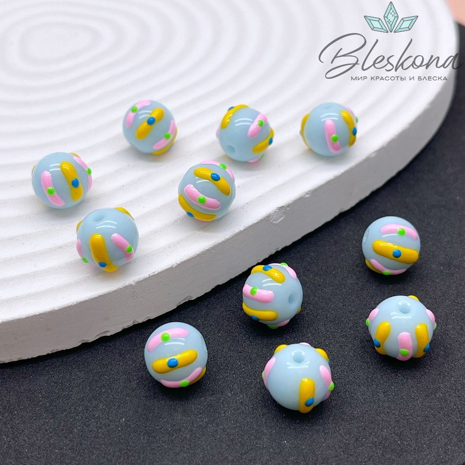 10 мм Бусина шар голубой полоски