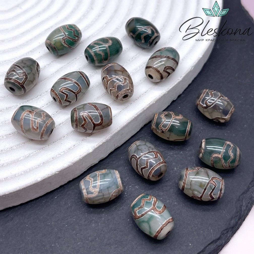 Бусина Дзи Лотос зелено-коричневый бочонок 10*14 мм