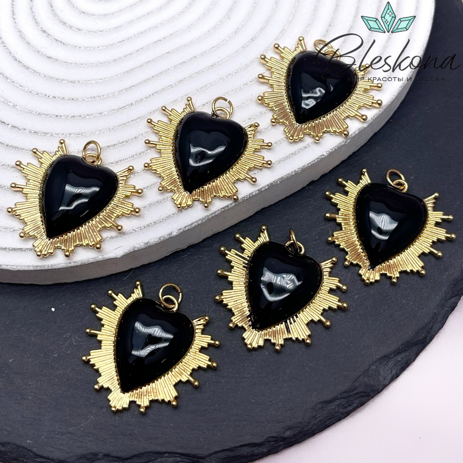 30*34 мм Цвет золото, Подвеска сердце лучи черная эмаль