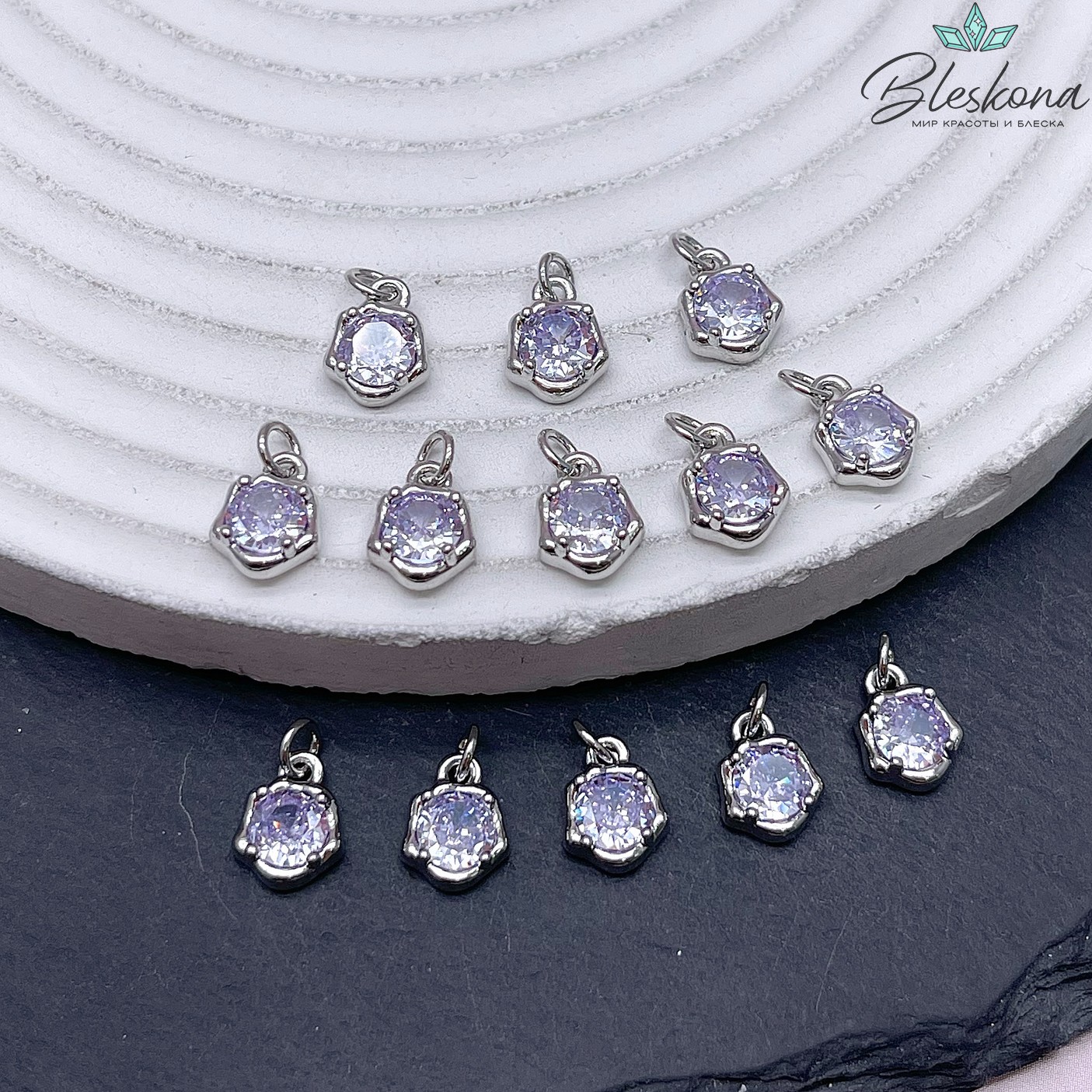 9,3*7 мм Цвет серебро, Подвеска фриформ фиолетовый циркон