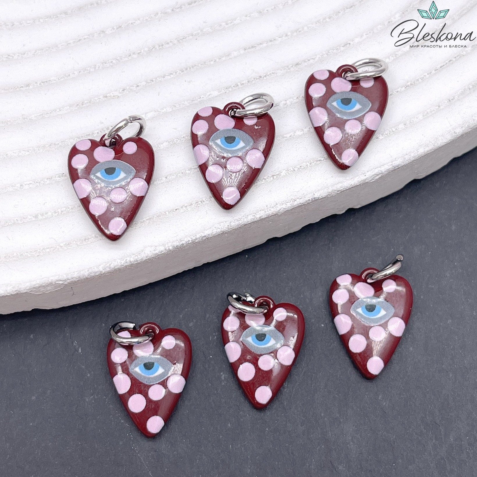 15,5*10 мм, Цвет серебро, Подвеска сердце бордо глаз эмаль