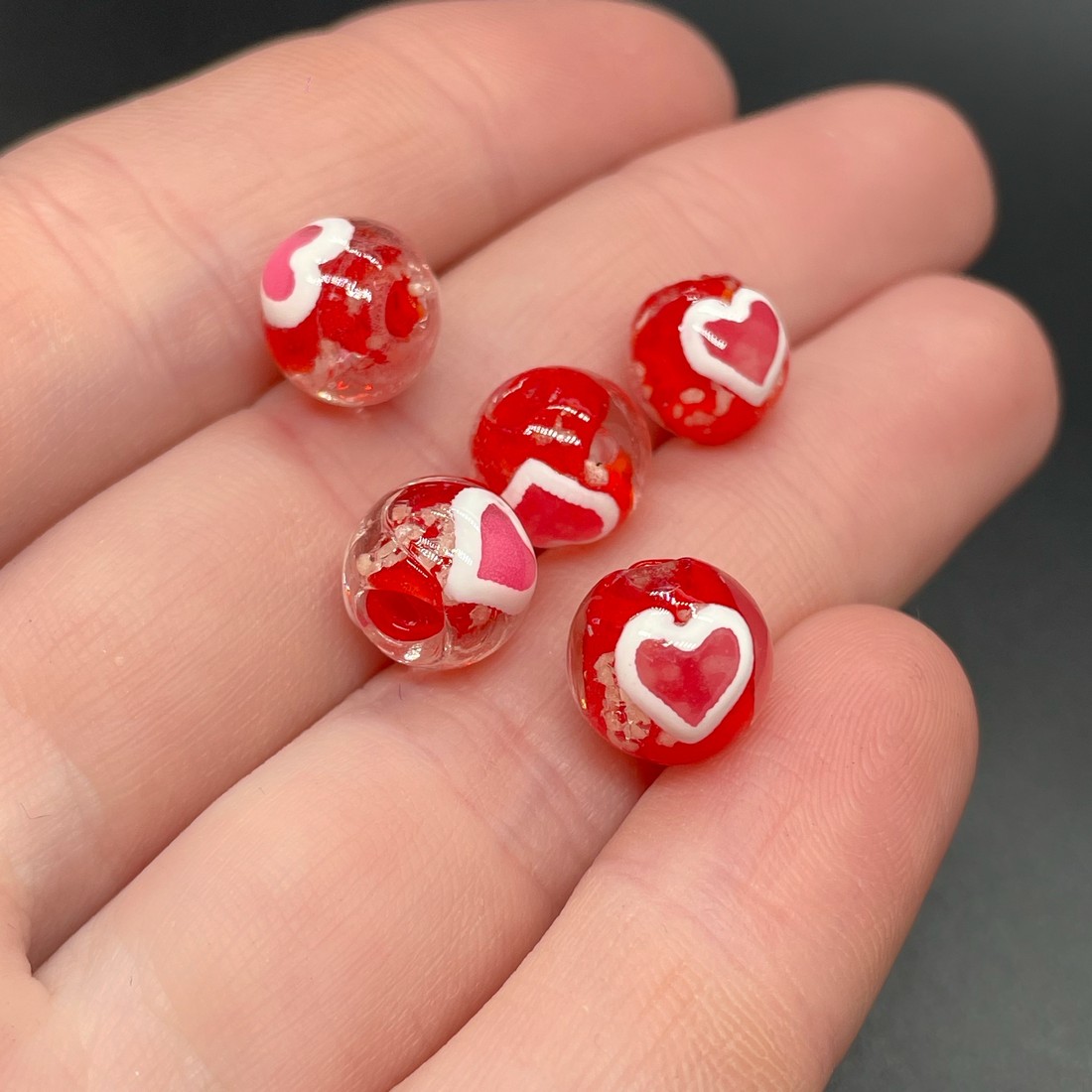 10 мм, Стекло бусина шар красный розовое сердце уп.5шт