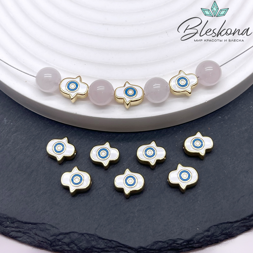 9,5*9 мм Цвет золото, Бусина рука Фатимы белая эмаль