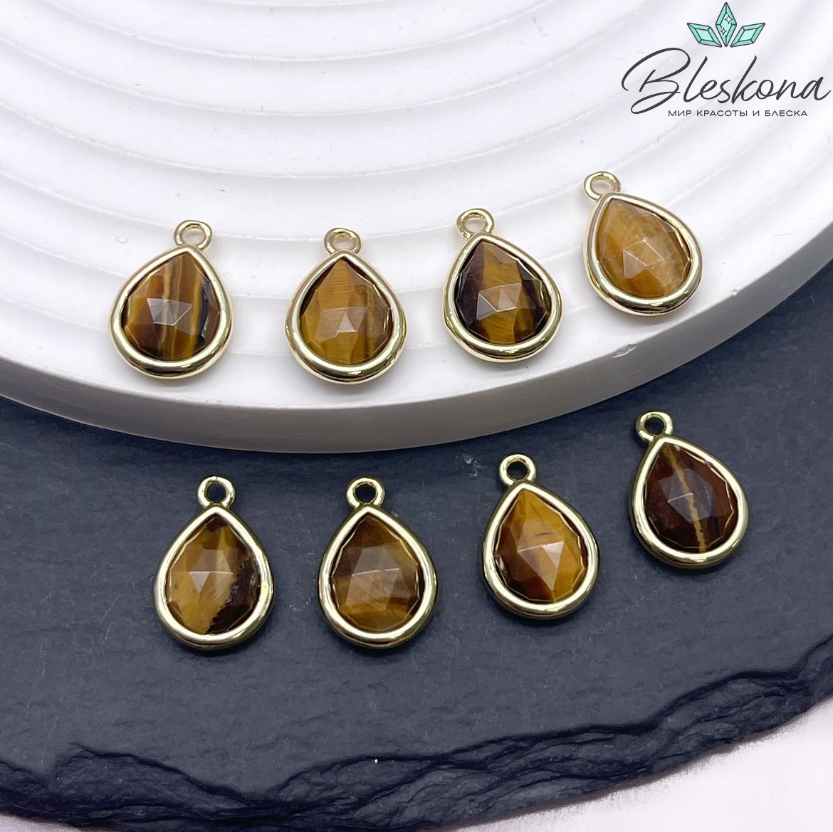 14*9,5 мм Цвет золото, Подвеска капля Тигровый Глаз огранка