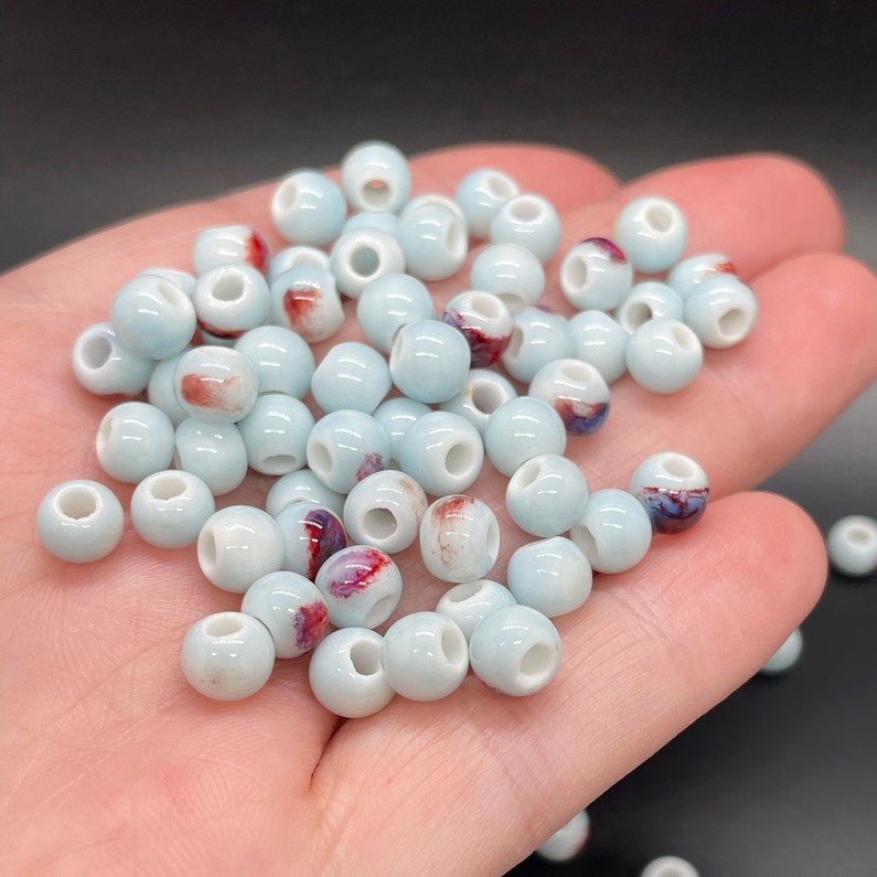 6,5 мм Бусина шар, керамика  цвет голубой рисунок №1